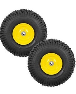 lot 5117 image: 2 PCS Exact Replacement 15x6.00-6 Front Tires and Wheel Assembly for John Deere Riding Mowers, Compatible with John Deere 100 and 300 Series, 3 Offset Hub, 34 or 58 or 12 Bushings