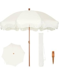 lot 5118 image: PHI VILLA 7ft Beach Umbrella with Fringe & Sand Anchor, Outdoor Patio Heavy Duty Windproof Portable Tassel Umbrellas for Sand with Push Button Tilt & Carrying Bag, UPF 50, White(No Base)