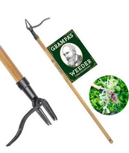 lot 5121 image: Grampas Weeder - The Original Stand Up Weed Puller Tool with Long Handle - Made with Real Bamboo & 4-Claw Steel Head Design - Easily Remove Weeds Without Bending, Pulling, or Kneeling.
