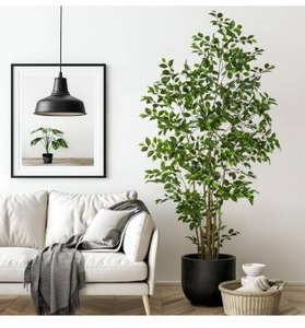 lot 5131 image: Artificial Ficus Tree Indoor 7ft, Large Potted Faux Tree with Realistic Silk Leaves & Trunk for Home Office, Living Room Corner Decor