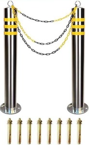 lot 5164 image: Safety Bollard 32 Stainless Steel with Reflective Strips & 16Ft Chain - Windproof Driveway Barrier, IP67 Waterproof Traffic Delineator Posts (2 Pack, 8 Anchors