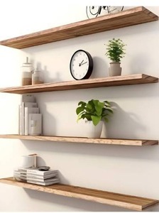 lot 5165 image: PHPH 48 Inch Wood Floating Shelves for Wall, Wooden Wall Shelves for Bedroom, Set of 4 Light Brown
