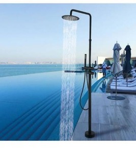 lot 5176 image: RBROHANT Freestanding Outdoor Shower Black, Height Adjustable Outside Showers for Backyard Garden Pool Beach, Outdoor Shower Fixtures with 10 Rain Shower Head and Handheld, Matte Black, JK0316