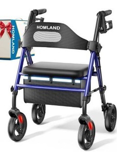 lot 5178 image: Foldable Rollator Walkers with Seat for Seniors, 8 Big Wheels, 350 lb. Weight Capacity, Adjustable Handles and Seat Height, Lightweight Rolling Walker, Blue
