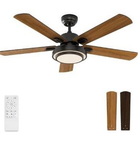 lot 5182 image: warmiplanet Indoor Ceiling Fans with Lights, 52 Inch, 6 Speeds Reversible DC Motor, 3 Color Dimmable Light, Timer, Noiseless, BlackDark Walnut, 5-Blades