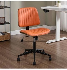 lot 5187 image: Small Home Office Chair - Armless Mid Back Desk Chair with 360° Swivel and Wheels, PU Upholstered Height Adjustable Modern Walnut Computer Chair for Home, Office Meeting Room - Orange
