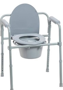 lot 5188 image: Drive Medical 11148-1 Folding Steel Bedside Commode Chair, Portable Toilet, Supports Individuals Weighing Up To 350 Lbs, with 7.5 Qt. Bucket and 13.5 Inch Seat, Grey