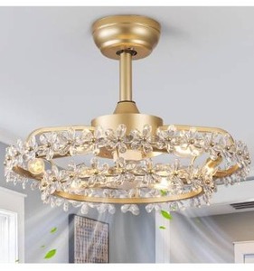 lot 5191 image: 20 Inch Fandelier Caged Ceiling Fan with Light, Chandelier Bladeless Ceiling Fans with Lights, Modern Small Ceiling Fan with Light for Living Room, Bedroom, Flower Gold