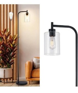 lot 5196 image: DLLT Floor Lamp Tall for Room Black Standing Lamp with Clear Glass Lampshade for Living Room - Modern Bright Lamp for Bedroom - Industrial Corner Floor Lamps for Office 8W Led Bulb Included