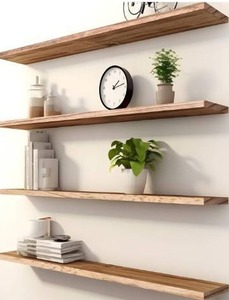 lot 5166 image: PHPH 48 Inch Wood Floating Shelves for Wall, Wooden Wall Shelves for Bedroom, Set of 4 Light Brown