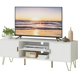 lot 5203 image: TV Stand for 55 65-inch TV, Entertainment Center with Soft Hinge Door,TV Console Table with 2 Cabinets with Gold Handle and Feet,for Living Room, Bedroom, White