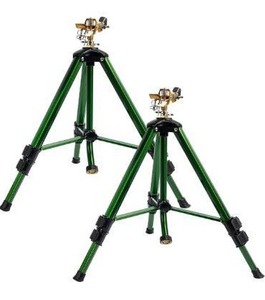 lot 5209 image: Hourleey Impact Sprinkler on Tripod Base, 2 Pack Heavy Duty Sprinklers for Lawn Yard Garden, 0-360 Degree Large Area Coverage, 34 Inch Connector Extension Legs Flip Locks with Brass Head