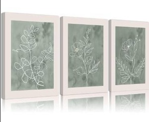 lot 5211 image: 3Pcs Sage Green Botanical Wall Art Line Drawing Floral Canvas Poster Prints Modern Abstract Minimalist Picture Neutral Boho Artwork Simple Painting Wall Decor for Living Room Bedroom 12x16in Framed