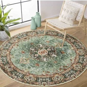 lot 5216 image: Green Round Rug 4ft,Circle Washable Area Rugs for Bedroom Bathroom Entryway,Boho Vintage Bohemian Distressed Oriental Floral Carpet Non Slip,Sage