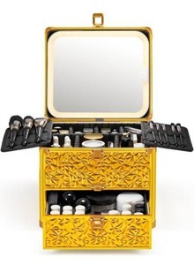 lot 5220 image: Qislee Makeup Box with Drawer and A Detachable Lighted Mirror, Waterproof Travel Train Case, Cosmetic Organizer and Makeup Suitcase with Adjustable Dividers, Magnetic LED Mirror (Luxury Gold