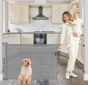 lot 5244 image: BETERTEK 80 Inch Wide Retractable Baby Gates for Dogs Indoor, Anti-Scratch Mesh Pet Gate for Doorways, 33 Tall Retractable Outdoor Gate for Decks, Anti-Climb Safety Mesh Gates for Kids or Pets, Gray