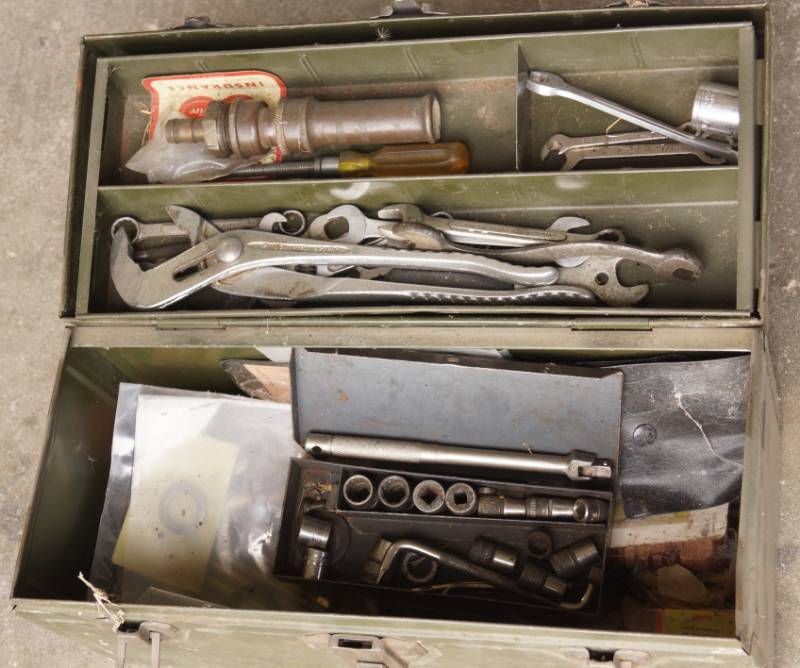 lot 2402 image: Vintage Metal Tool Chest with Contents - Toolbox Ready to Go