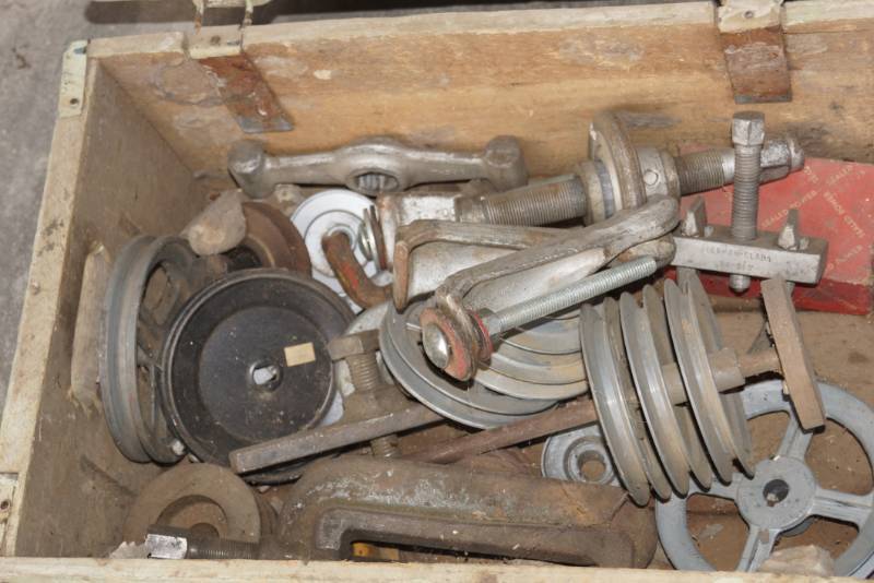 lot 2408 image: Lot of Misc Pulleys and Hardware - Includes Wood Tool Chest Box