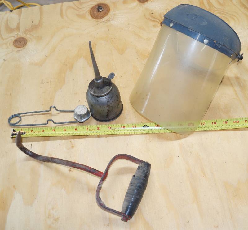 lot 2447 image: 4 Tool Lot - Oil Can - Flint Welder Starter - Hand Pick - Face Shield