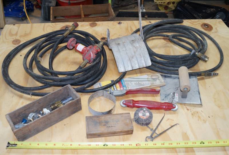lot 2452 image: Misc Lot - Contents on Table - Screen Tool - Trowel - Air Hose - Oil Filter Wrench and More