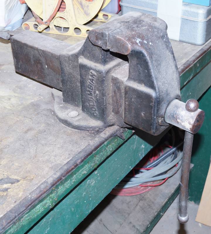 lot 2461 image: Super Heavy Duty COLUMBIAN Table VICE & Table - 10 Foot Long Work Bench with VICE