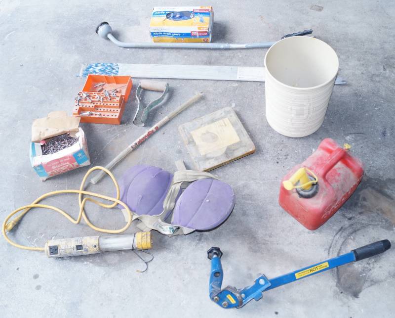 lot 2495 image: Misc Lot - Gas Can - Nails - Drop Light - Cutter and More