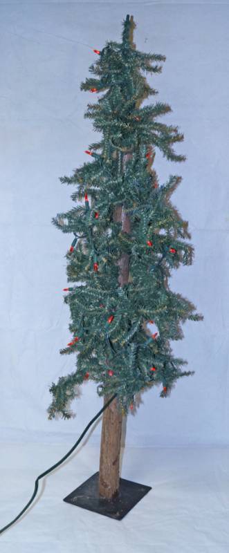 lot 2556 image: Cute 4 foot tall Christmas Tree with lights - skinny Prim style