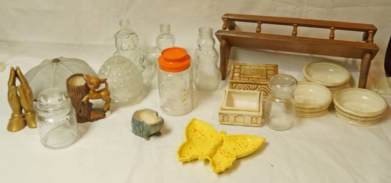 lot 2572 image: Lot of Home Decor - Vintage Glass Canisters, Small Wood Shelf, Praying Hands, Christmas Bottles and More Check it out
