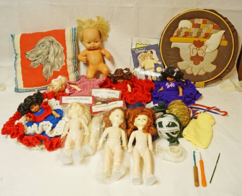 lot 2573 image: Craft Lot - Doll Forms - NICE Crochet Hooks - Vintage Dog Pillow and more