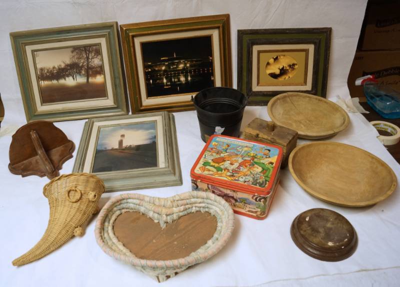 lot 2575 image: Lot of Wichita Iconic Photographs, Home Decor Baskets - Wooden Shelf and more