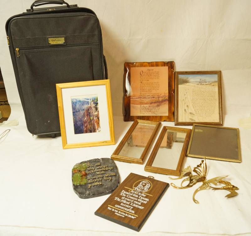 lot 2579 image: Rolling Suitcase (clean) w misc religious home decor, decorative mirrors and more