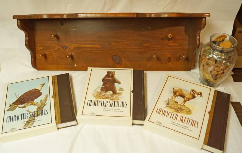 lot 2583 image: Nice Wood Shelf w hanging pegs - and 3 big books of Animal Character Sketches from ScriptureNature - VERY NICE