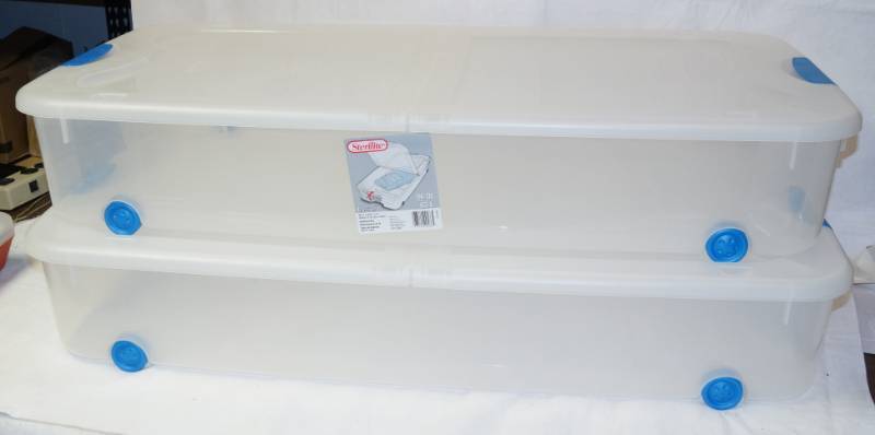 lot 2588 image: Lot of 2 Sterilite Under-Bed STORAGE BOXES Plastic Tubs 66 Qt - NICE, CLEAN, LIKE NEW 39.5 x 20.25 x 7