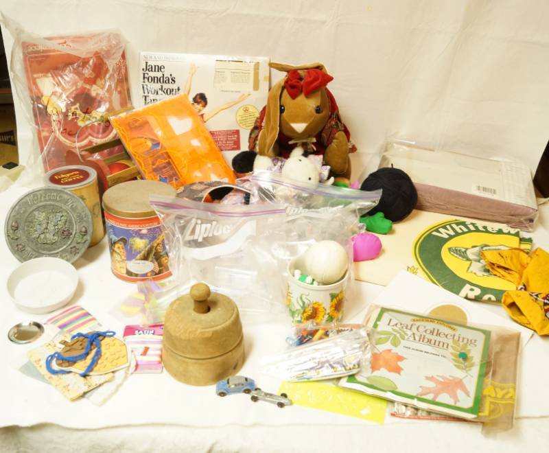 lot 2605 image: Neat Lot of Goodies - 3 Whitewater Rose Flour Sacks, Jane Fonda Exercise, Vintage Wood Press and more
