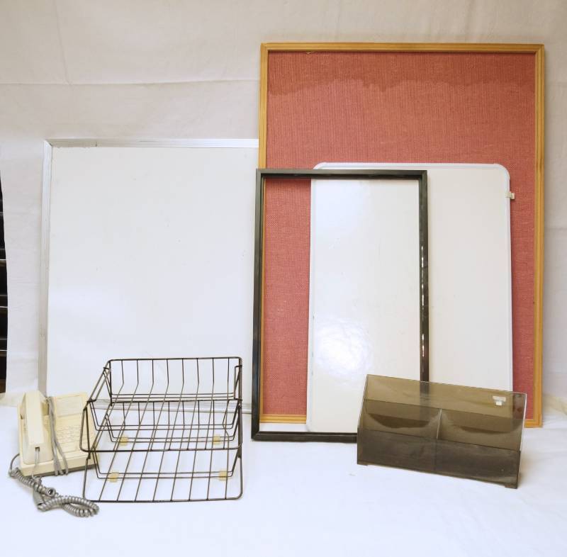 lot 2611 image: Lot of Office Stuff - Wire Organizer Trays, White Board, Bulletin Board and Metal Frame, Office Phone - see pics