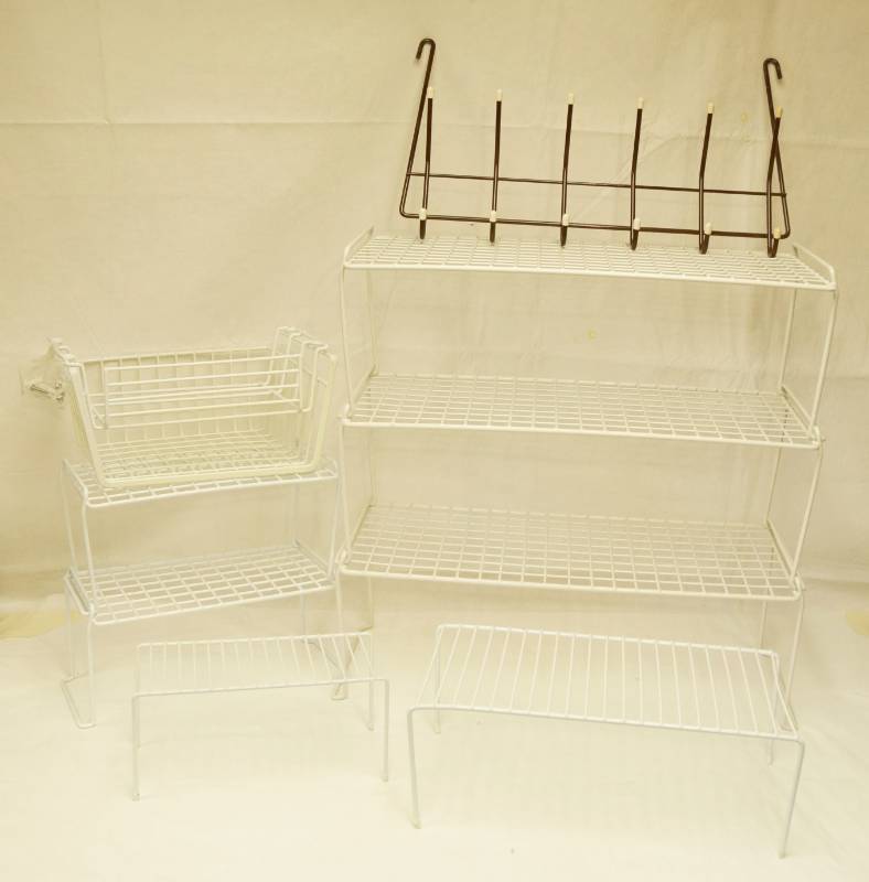 lot 2615 image: Lot of 9 Wire Organizer Shelves, Baskets and Hangers - See pics