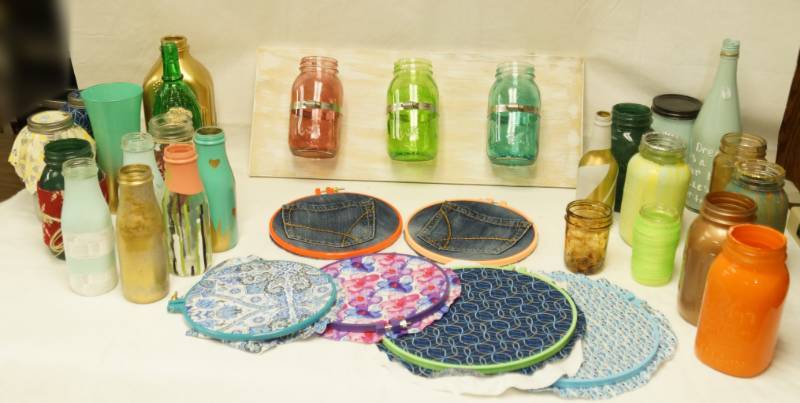 lot 2618 image: Lot of Pretty Decorated Glass Jars and Embroider Hoops w. fabric - Cool