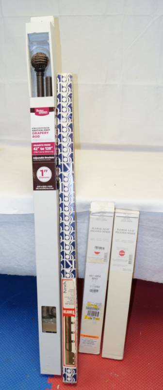 lot 2627 image: Lot of Window Fashion Accessories - Drapery Rod, Kirsch Drapery Track Rod and Two Floral Leaf Printed Shades - NEW IN BOXES