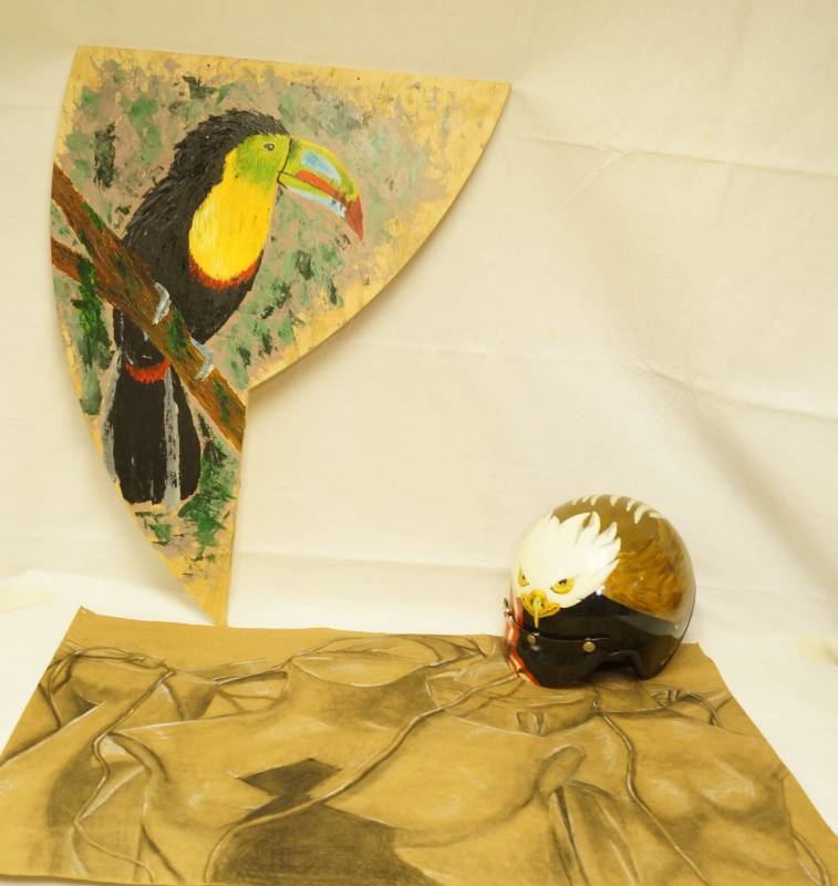 lot 2633 image: Lot of Cool Art - Toucan Bird on a Board, Eagle on a Helmet and a Drawing on Kraft Paper - COOL