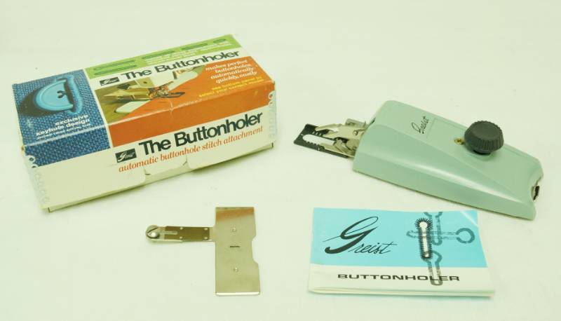 lot 2648 image: Vintage Greist Buttonholer - Automatic Buttonhole Stitch Attachment - in original box w manuals and accessories shown - NICE