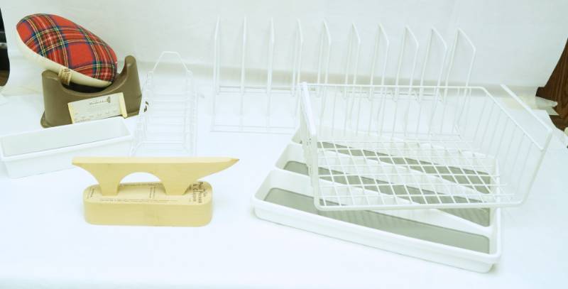 lot 2649 image: Quilting Items - Ironing Ham, Anvil and Ham Holder - w Storage and rack organizers - Nice Lot