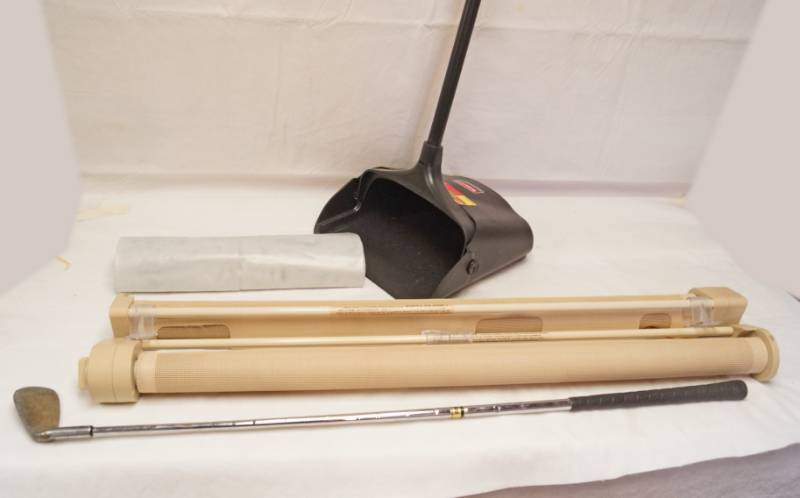 lot 2664 image: Lot of 2 Nice Retractable Window Shades (see pics for size), Rubbermaid Dustpan, Golf Club and Plastic Sheeting