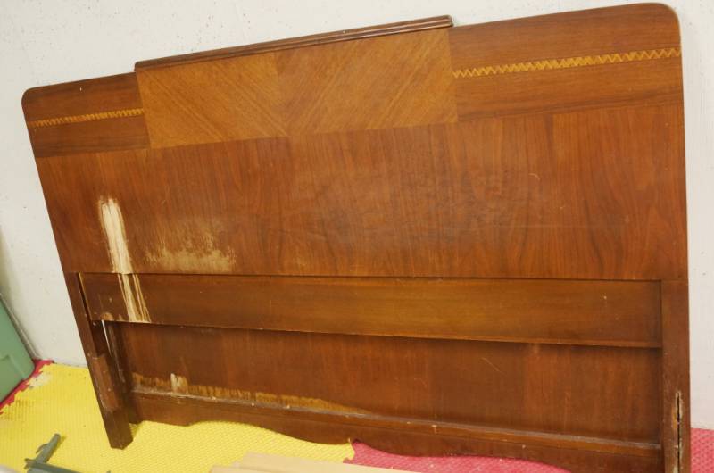 lot 2670 image: Vintage Bed - Headboard, Footboard and Frame - Beautiful design but has some water damage - see pics