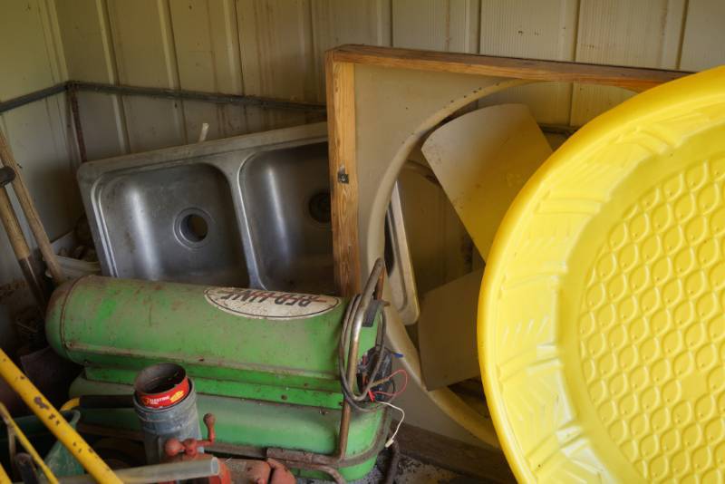 lot 2679 image: Contents of Shed Shown in Picture - Jacks, Sink, Big Fan, Heater (unknown condition) and yellow pool