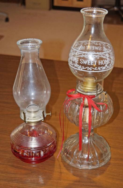 lot 2694 image: Lot of 2 Oil Lamps - Vintage Home Sweet Home - Be prepared when the power goes out