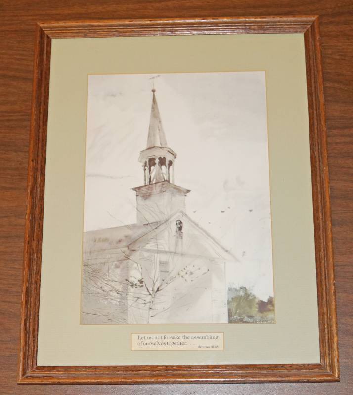 lot 2695 image: Beautiful Framed Church Print w Inspiring Bible Verse - Nice wood frame