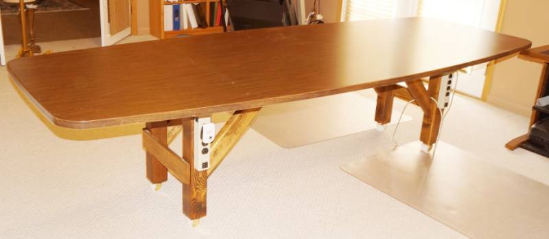 lot 2703 image: Large Conference Table - 10 ft x 3.75 ft  - VERY NICE Sturdy Legs on wheels w 2 built on power strips - WOW