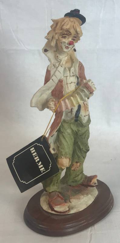 lot 3491 image: Vintage Madeira Herme Polyester Resin Clown w accordion with Wooden Base