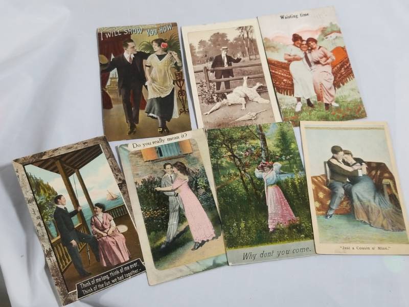 lot 8008 image: Early 1900s Romantic Humor Post Cards w Stamps