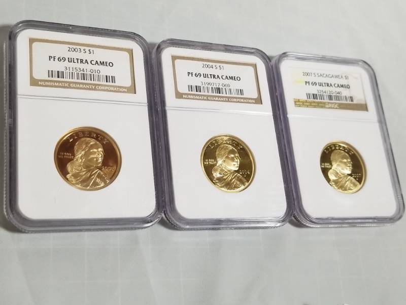 lot 8014 image: Lot of 3 NGC Certified Proof PF69 Sacagawea $1 Coins 2003, 2004, 2007